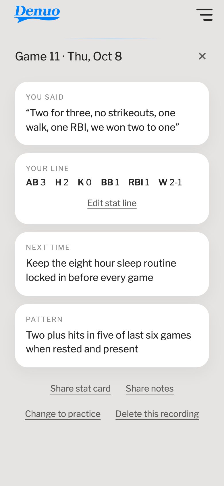 Denuo result card: what you said, your stat line, what to do next time, and the pattern it found