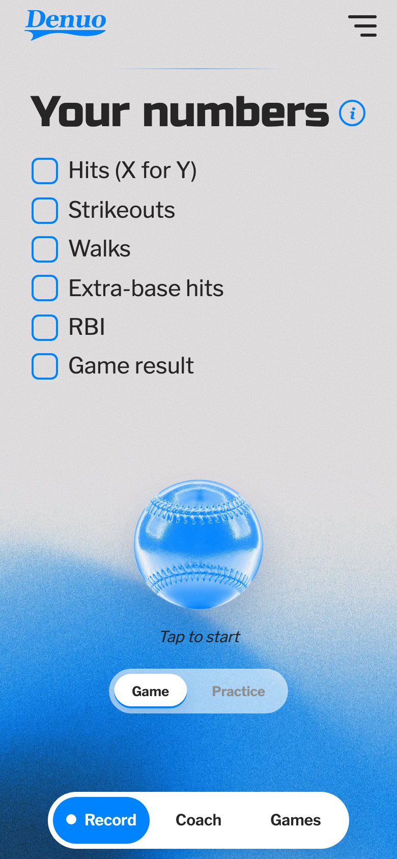 Denuo record screen: your numbers to say after the game, and the baseball you tap to start talking