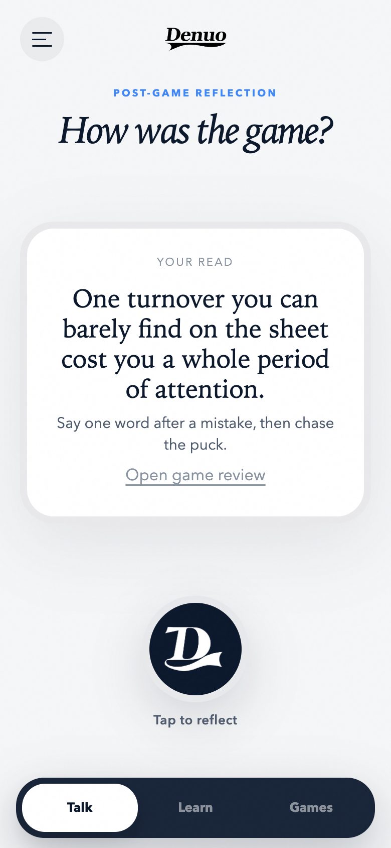 Denuo app after a recording: one coaching line and one thing to try next game